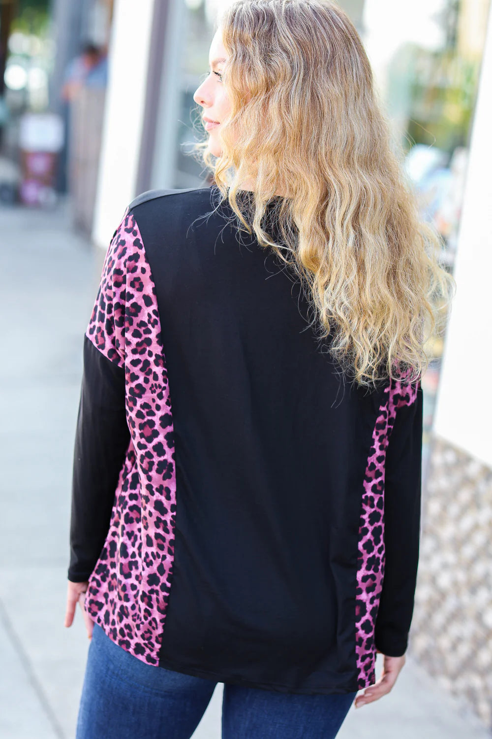 Back view,  a unique and vibrant pink animal print