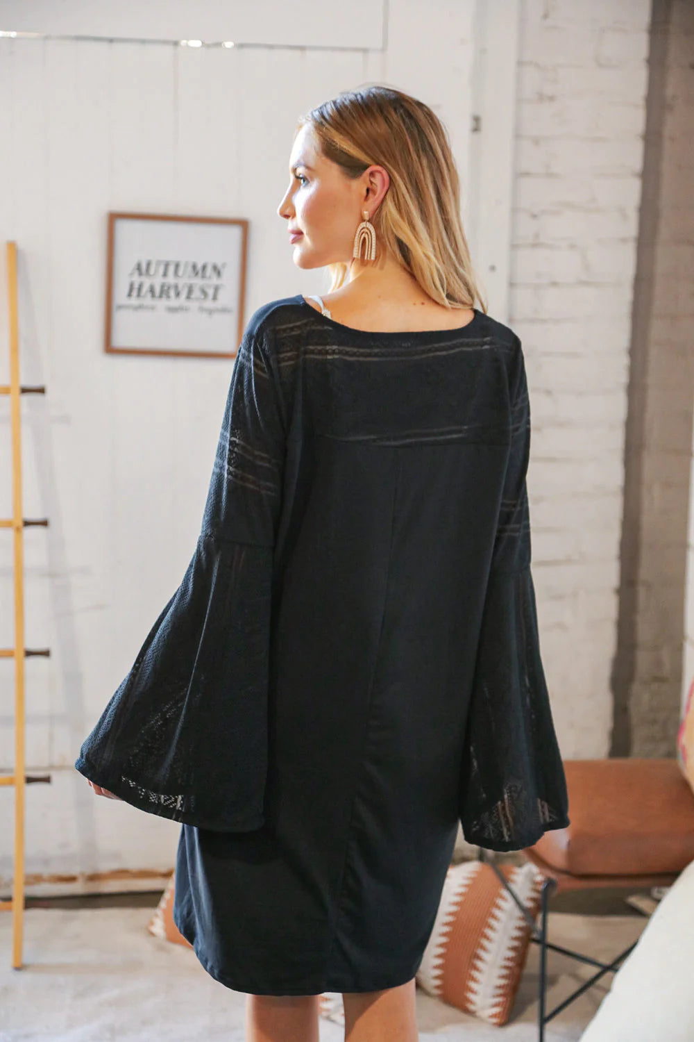 Black Jacquard Lace Sleeve MIDI Dress