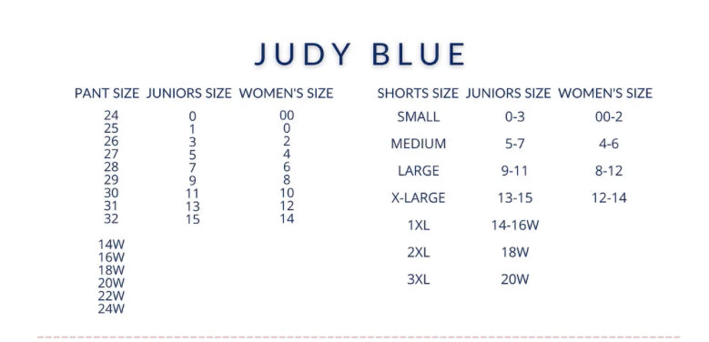 Judy Blue sizing chart.