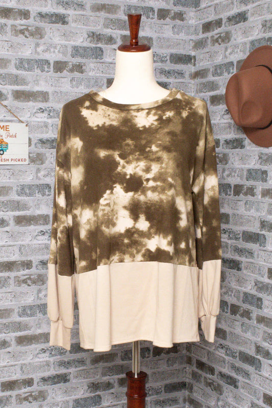 Olive Taupe Tie Dye Top front view.