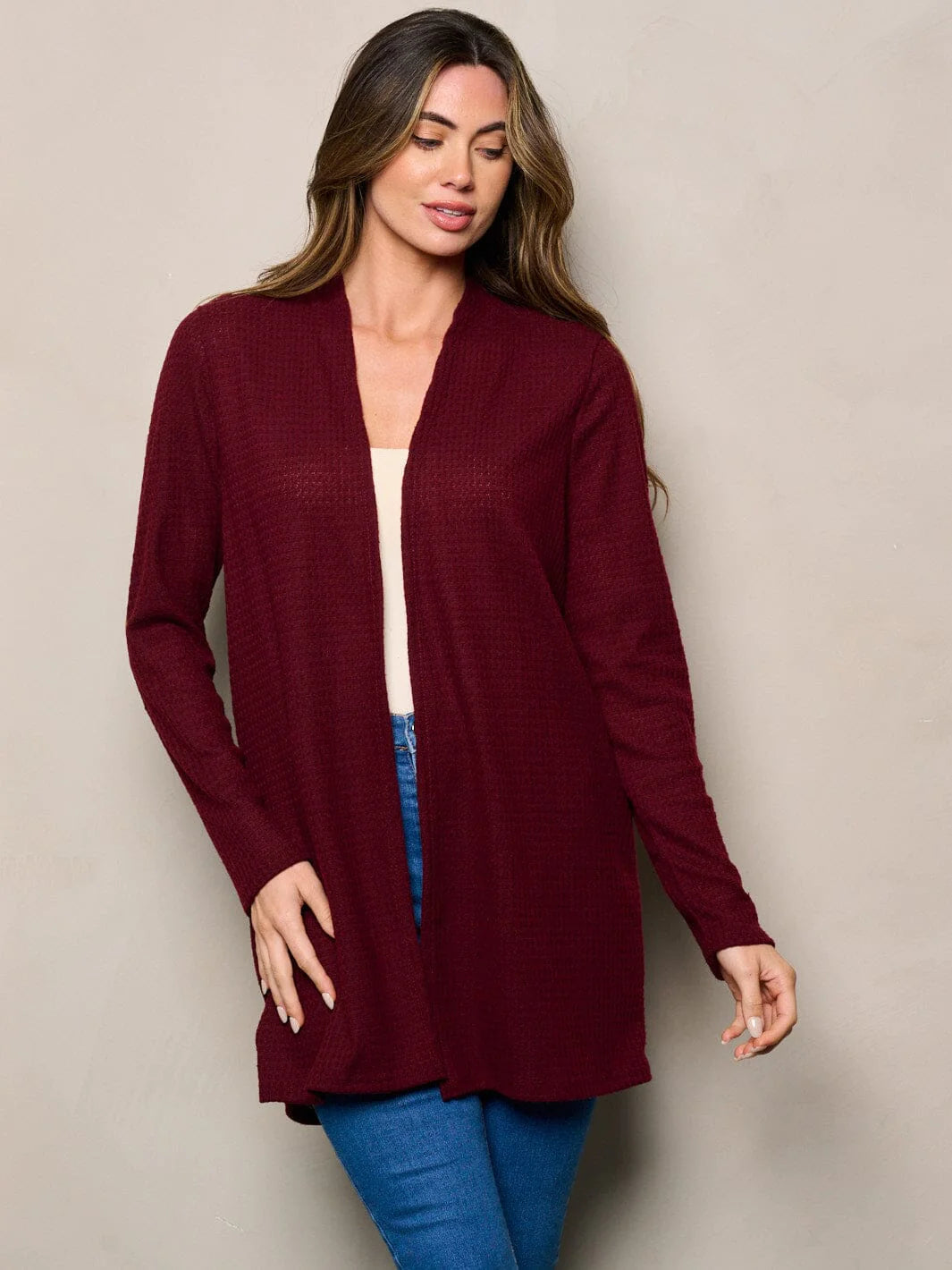 Elbow Patched Waffle Cardigan in Burgundy front view.