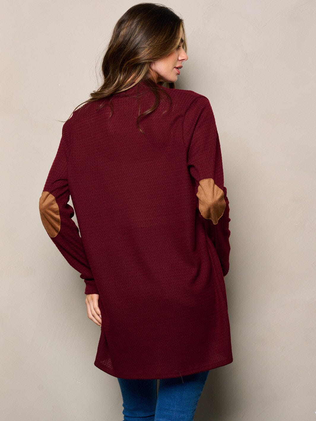 Elbow Patched Waffle Cardigan in Burgundy back view.