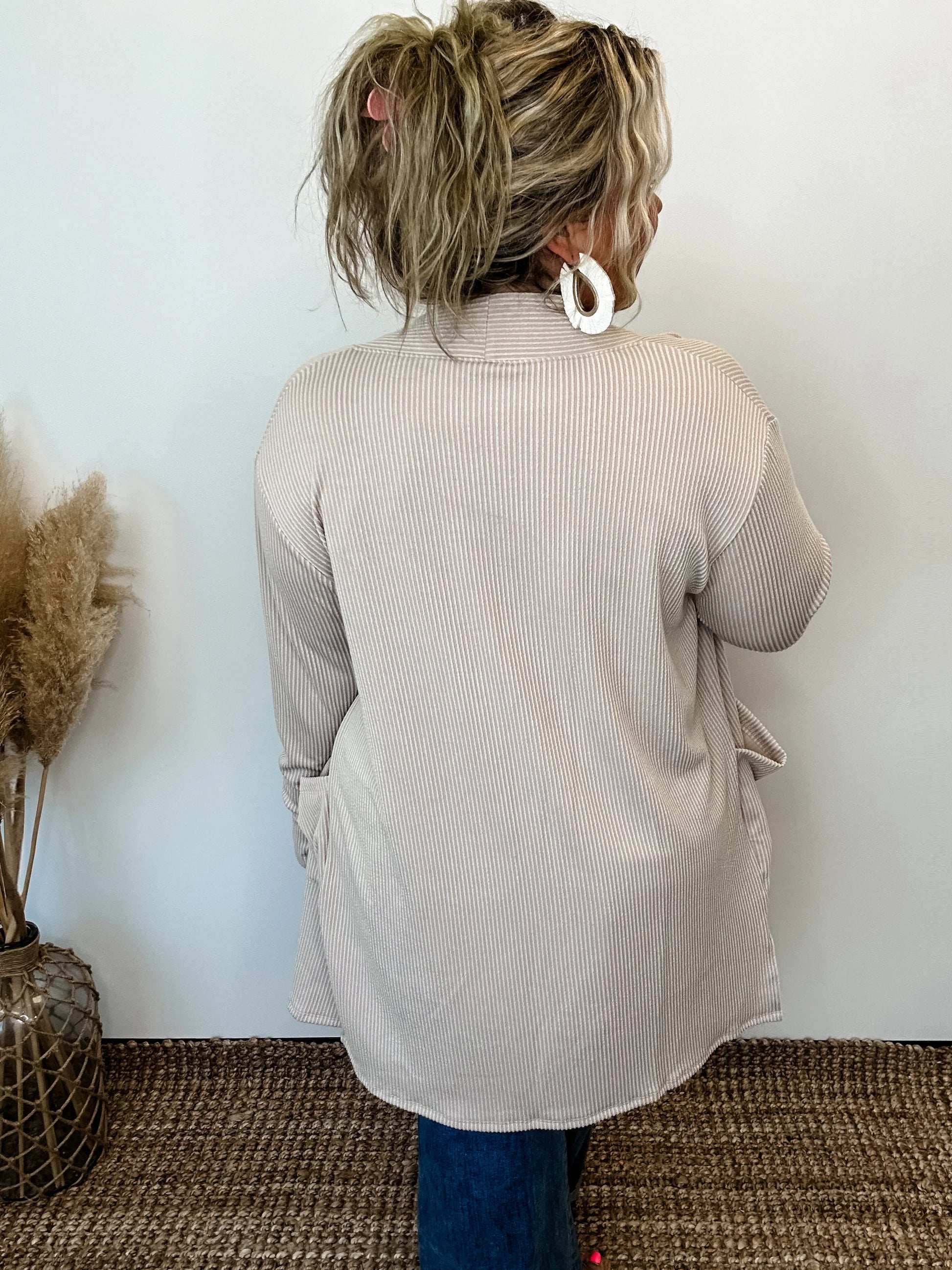 Back view of Ivory Ribbed Cardigan.