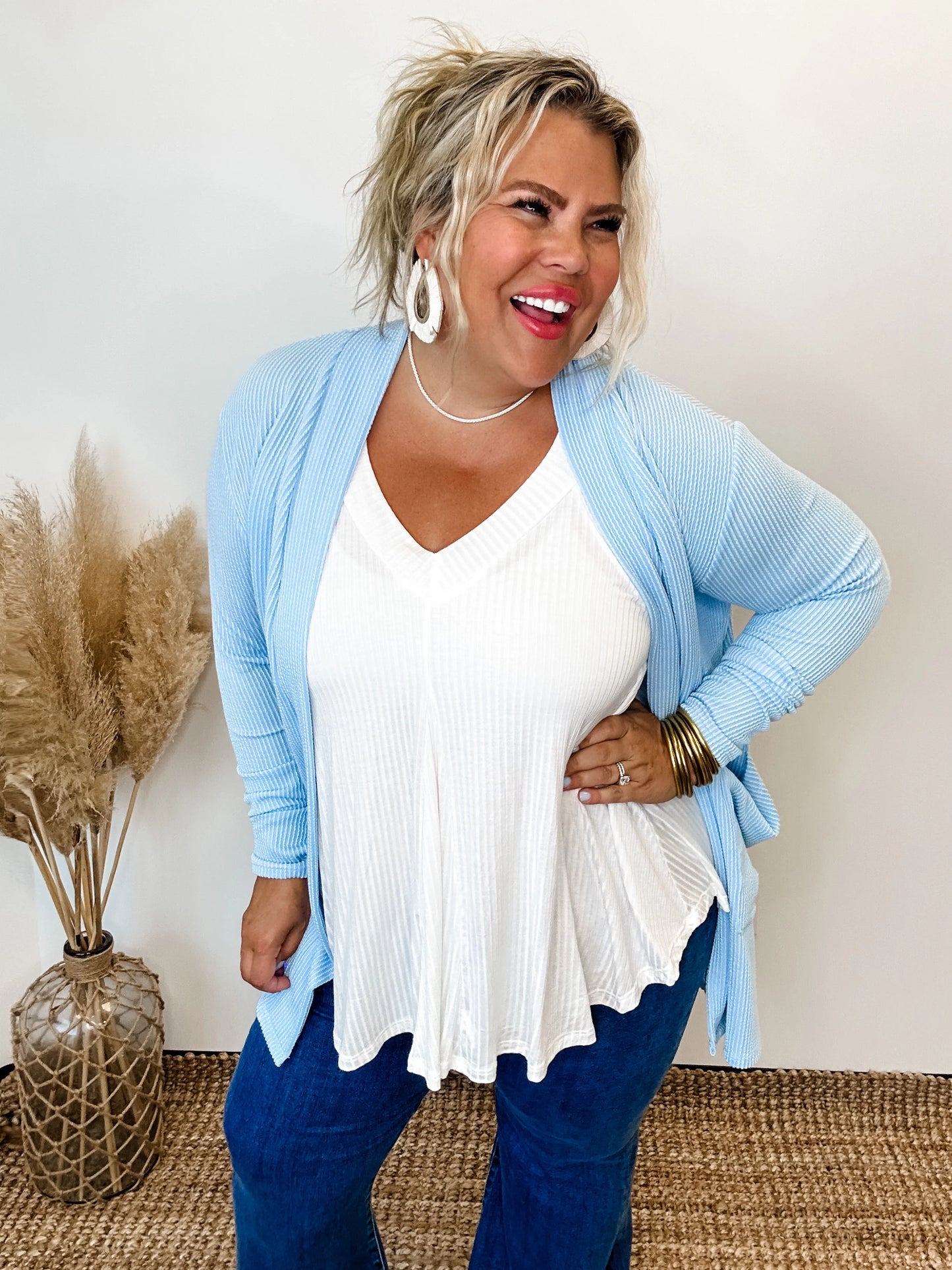 Color Baby Blue Ribbed Cardigan.