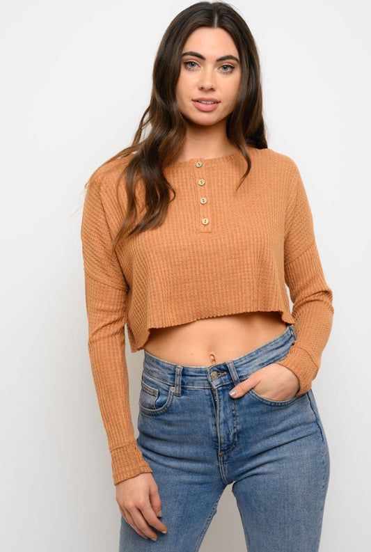Button Detailed Rust Crop Top front view.