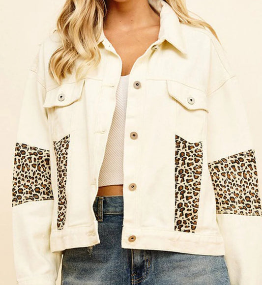 ophisticated look with this Button Up Animal Print Jacket, front view, close up in cream.