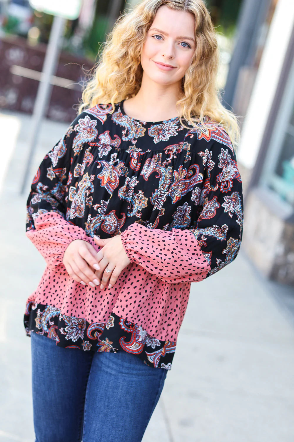 Paisley Animal Print Tiered Woven Top-front view.