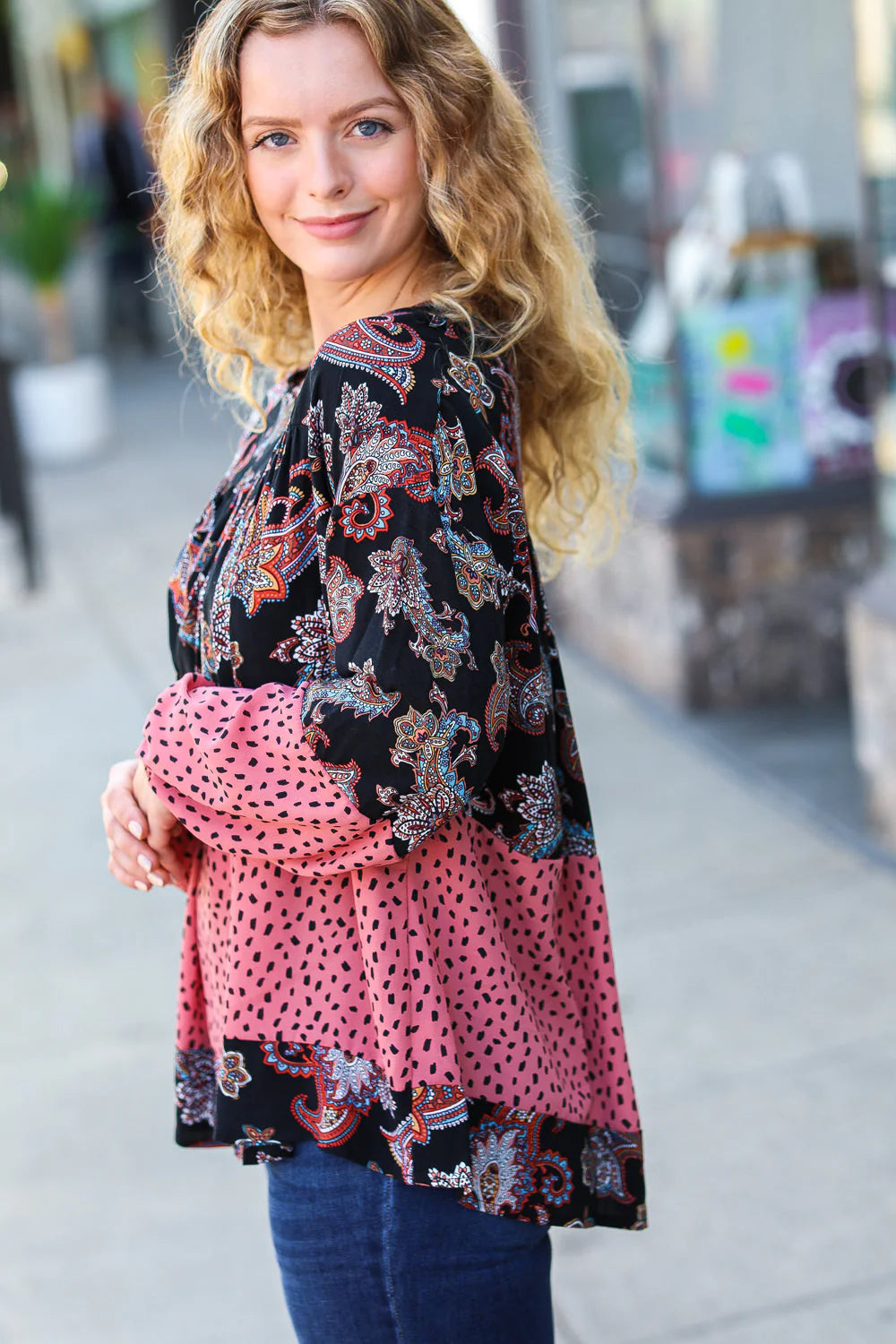 Paisley Animal Print Tiered Woven Top-back view.