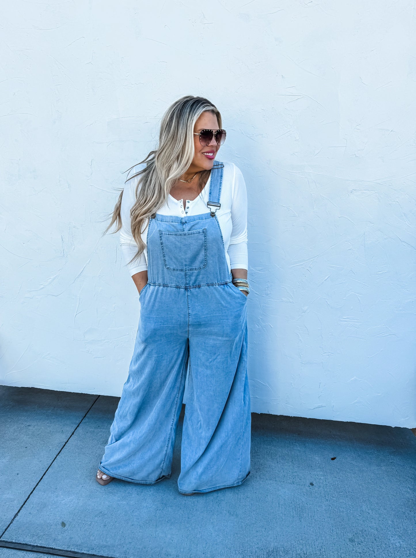 BOHO Overalls wide leg light denim front view