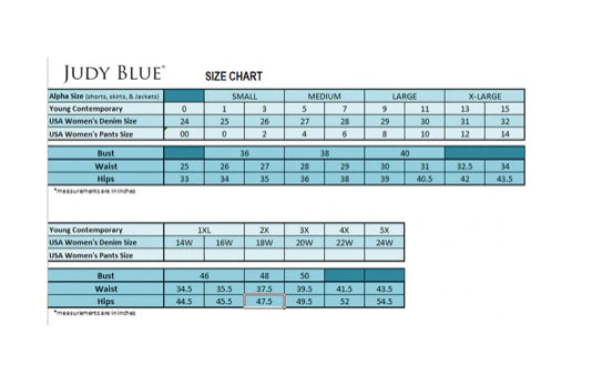 Size chart for Judy Blue Jeans.