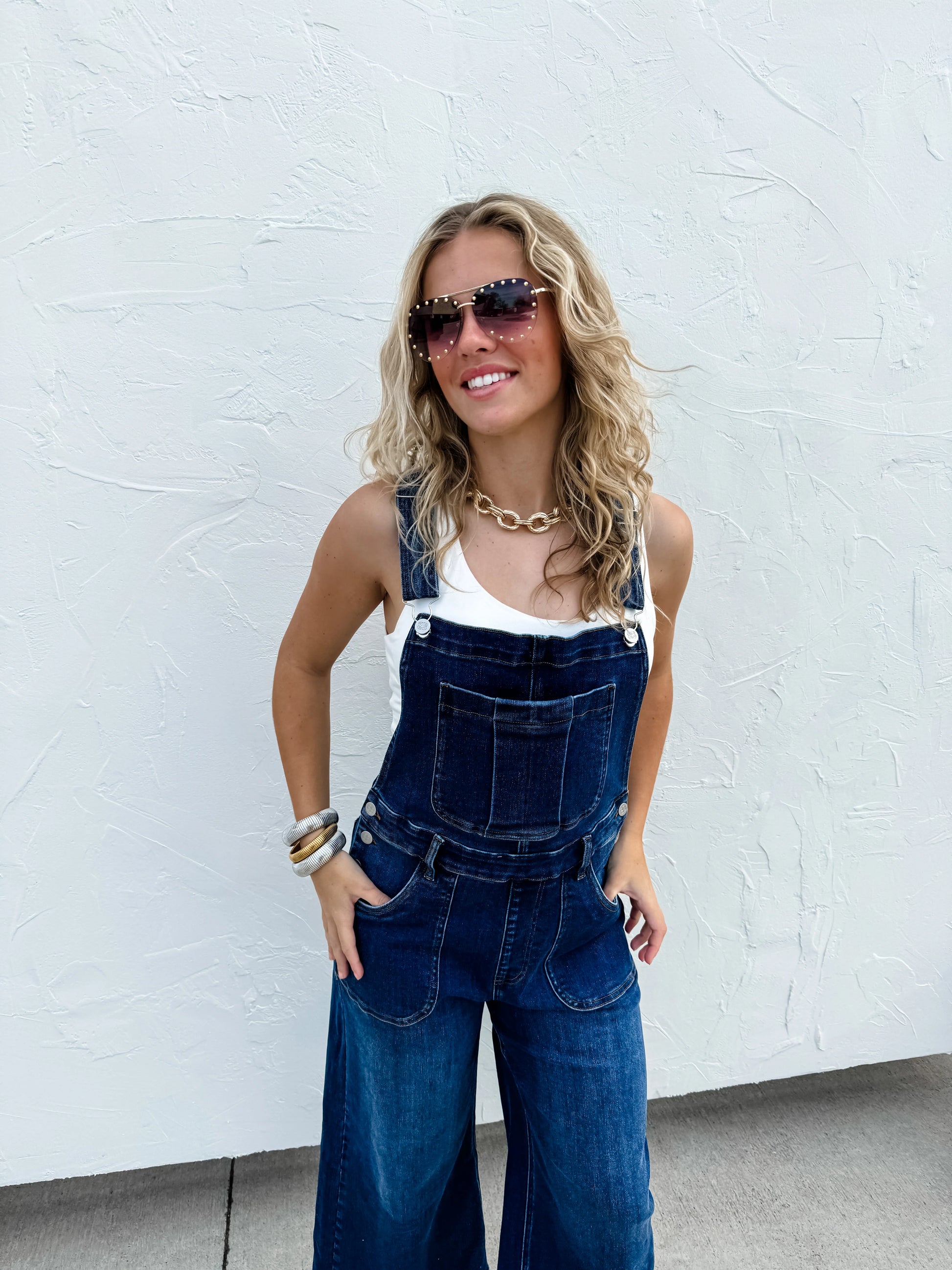 Blue Jean Overalls wide leg front view