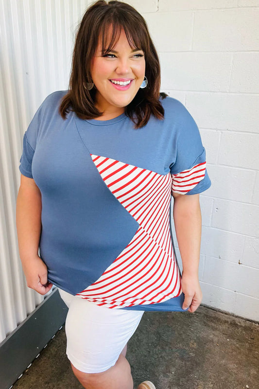 Red Striped Star Detail French Terry Patriotic Top-front view plus size