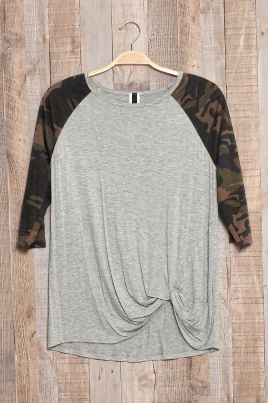 GREY CAMO RAGLAN TWIST HEM TOP FRONT VIEW.