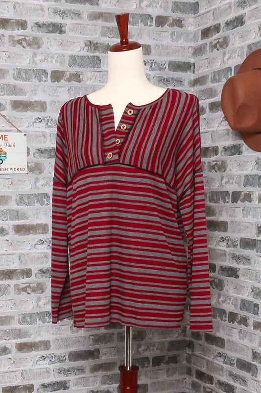 Stripe Rib Button Out Seam Knit Top front view.