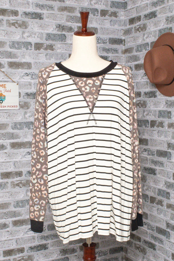 Animal Print Stripe Raglan Top front view.