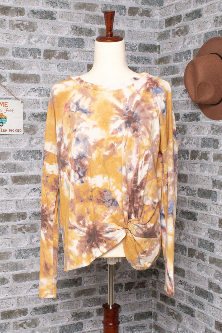 Mustard Tie Dye Twist Hem Top front view.