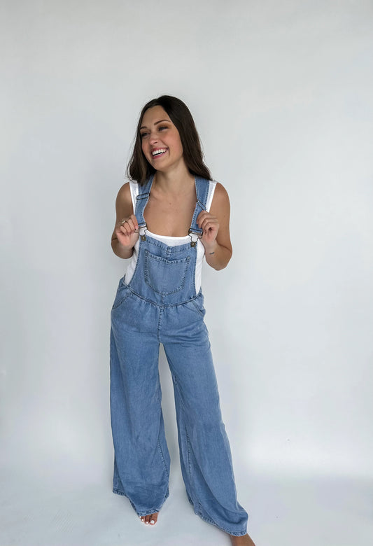 BOHO Overalls wide leg light denim front view