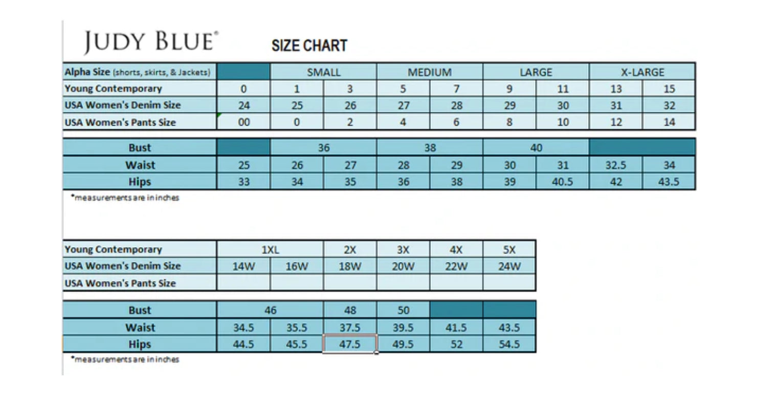 Judy Blue Size Chart