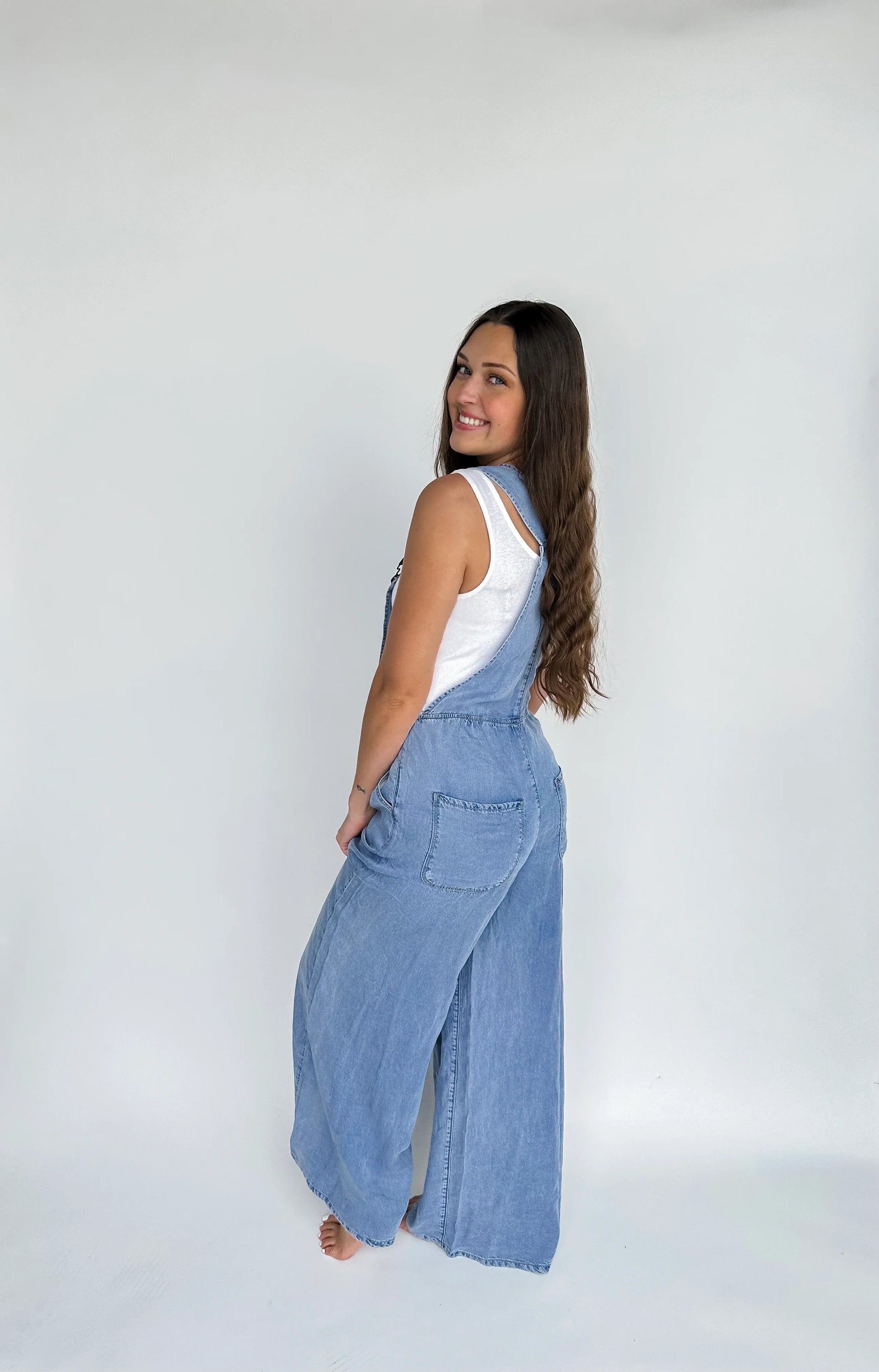 BOHO Overalls wide leg light denim back view