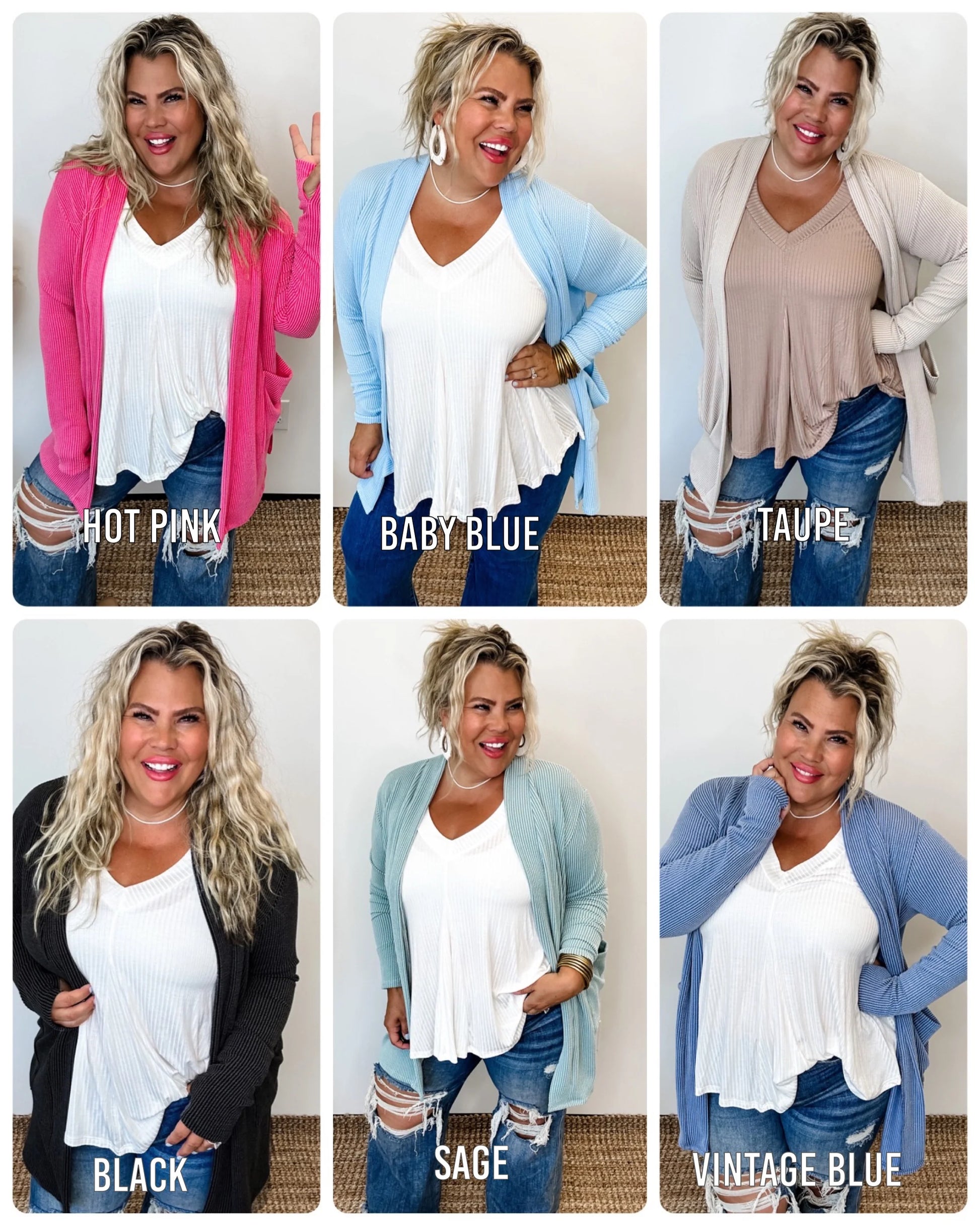 Hot Pink, Baby Blue, Taupe, Black, Sage and Vintage Blue Cardigans.