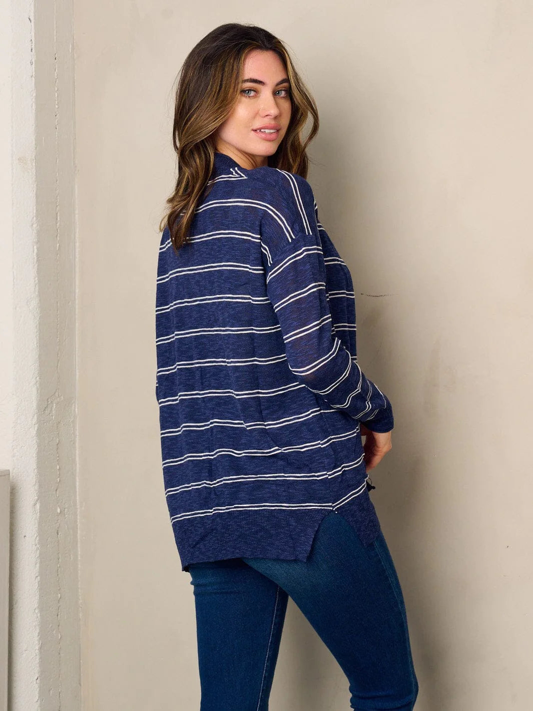 Open Front Stripes Cardigan w/Pockets navy and white back view.