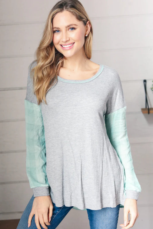 Grey Mint Plaid Sleeve Design Top