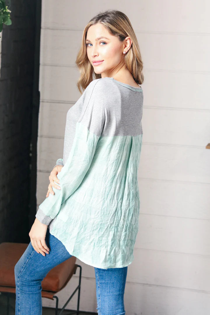 Grey Mint Plaid Sleeve Design Top