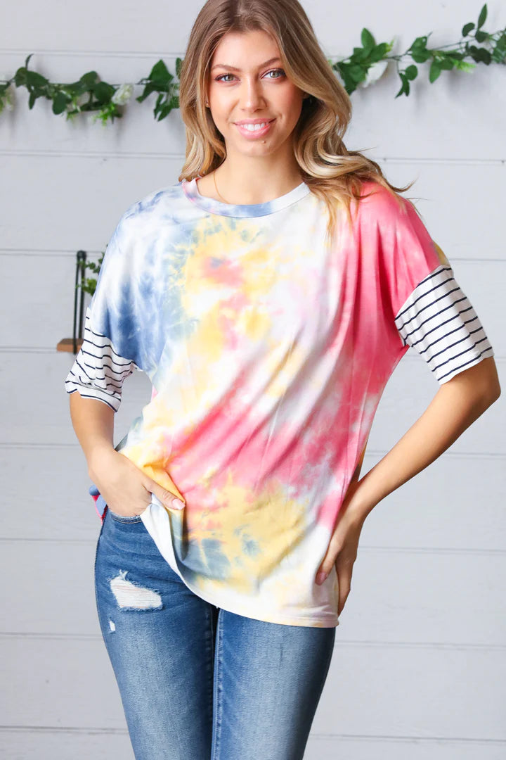 Front view, lue Multi Tie Dye French Terry Stripe Sleeve Blouse