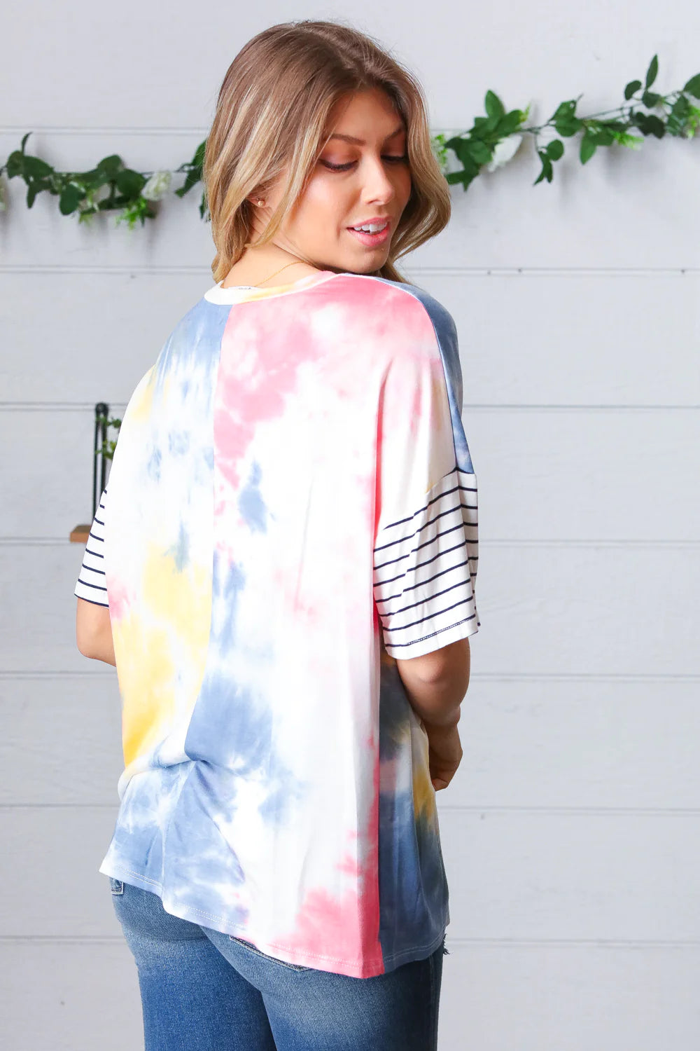 Back view, lue Multi Tie Dye French Terry Stripe Sleeve Blouse