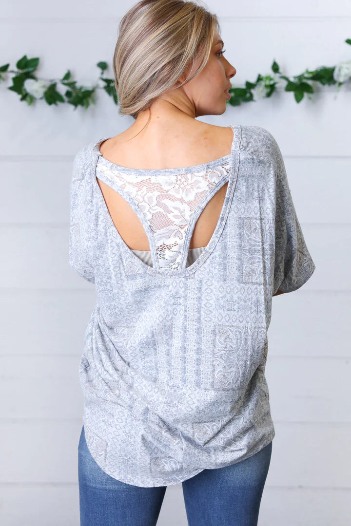 Plus Grey Paisley Design Back Lace Top