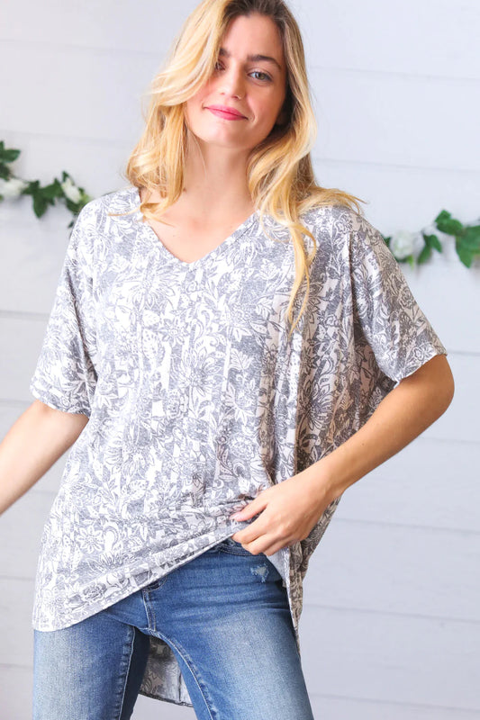 Plus Ivory Grey Floral Print Dolman Blouse