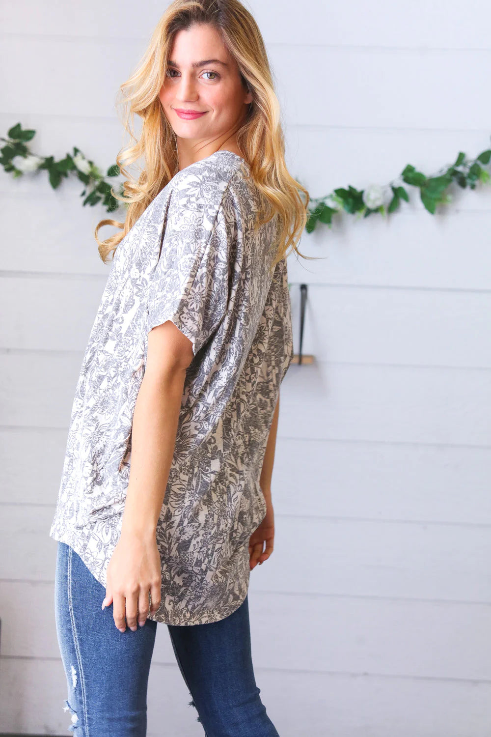 Plus Ivory Grey Floral Print Dolman Blouse