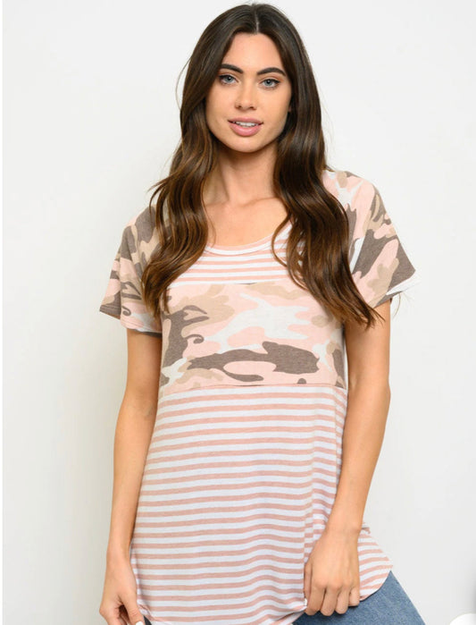 Short Sleeve Pink Camo Print Top