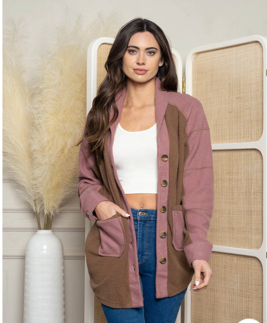 Color Block Shacket in Mauve & Brown