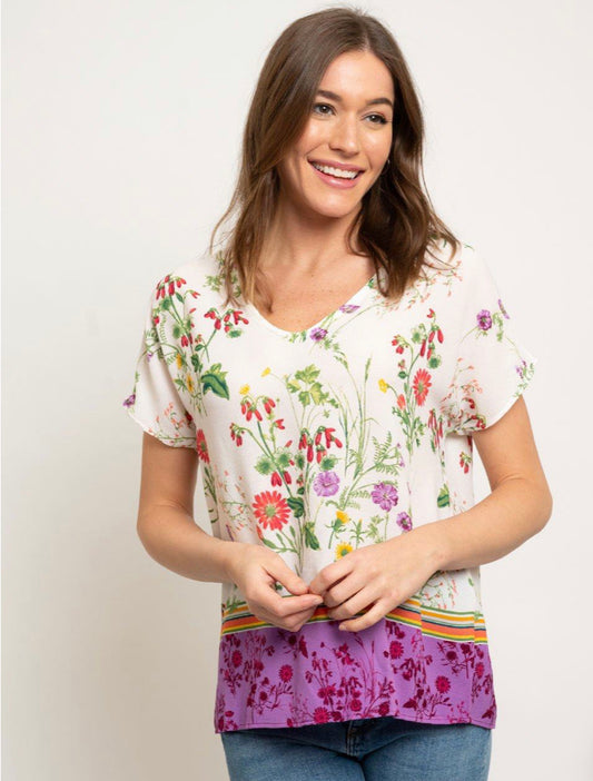 Floral Border Print V-Neck Woven Top