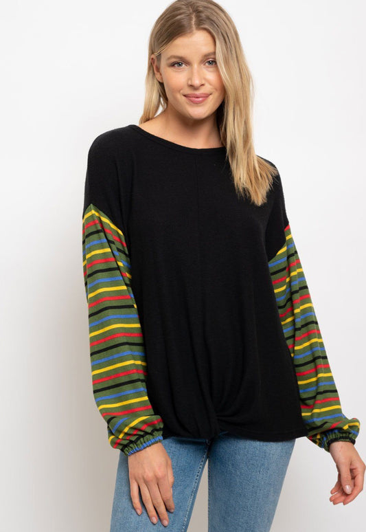 Front Twist Striped Olive Sleeves Top