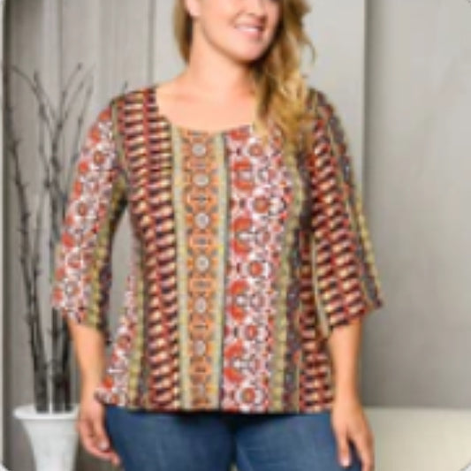 Multi Print Tunic Top with 3/4 Sleeves