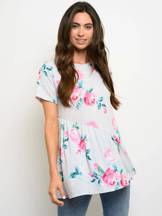 Short Sleeve Floral Print Tiered Top