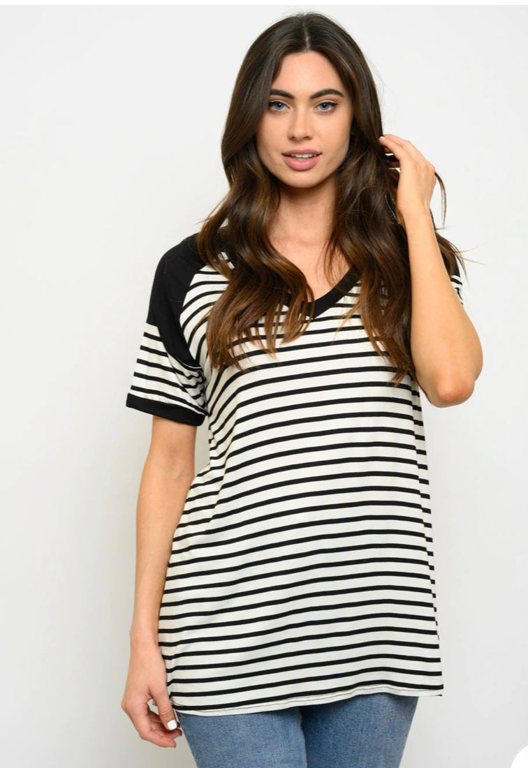 V-Neck Ivory & Black Stripes Top