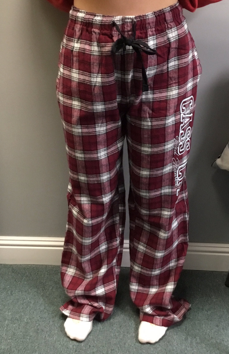 Cass City Red Hawks Flannel Pants with the words Cass City down the leg