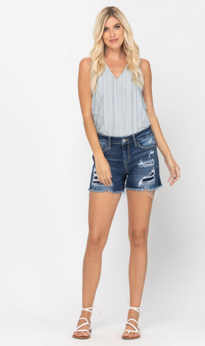 Judy Blue Mid Rise Patch Cut Off Shorts