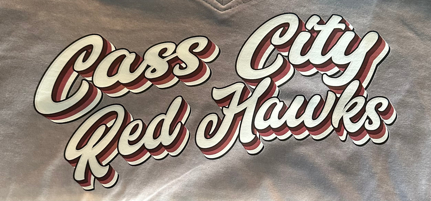 Close up of the Tie Dye Shirt words- Cass City Red Hawks