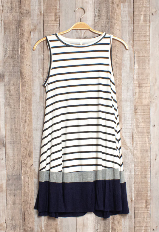 Ivory Navy Stripe Color Black Detail Dress