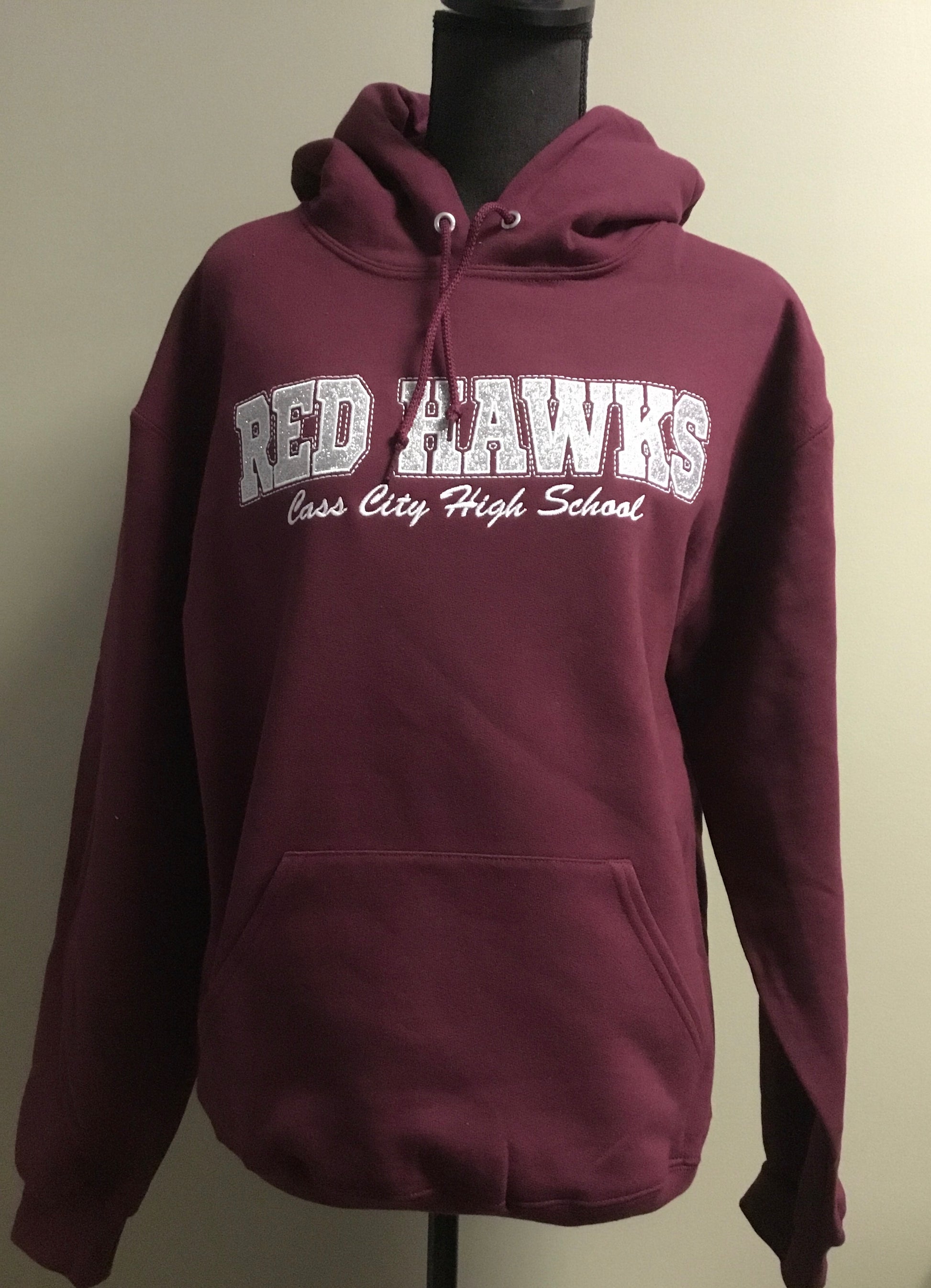 Cass City RH Block Head Maroon Hoody in glitter.